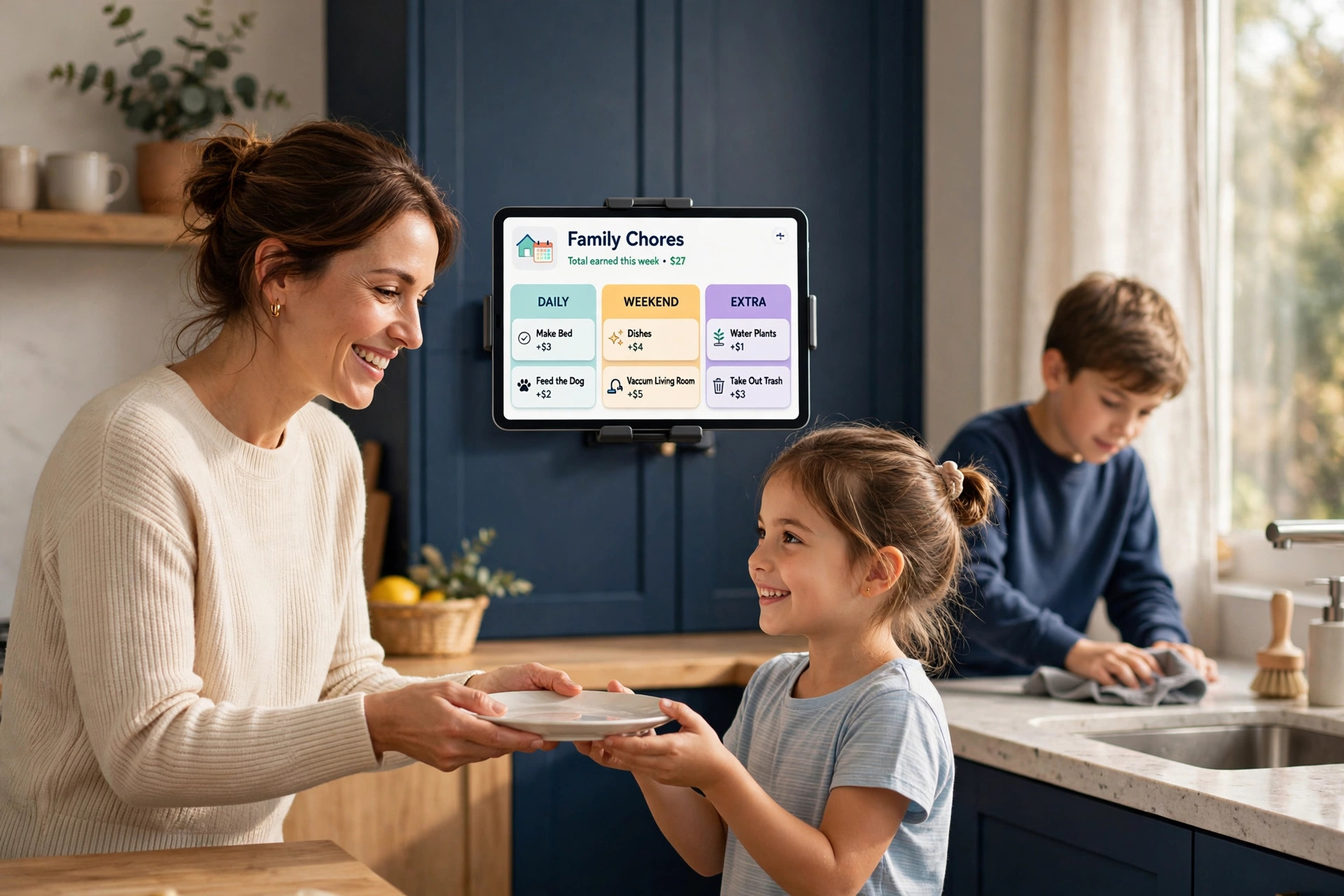 A family kitchen with a tablet on the wall showing the family chore board